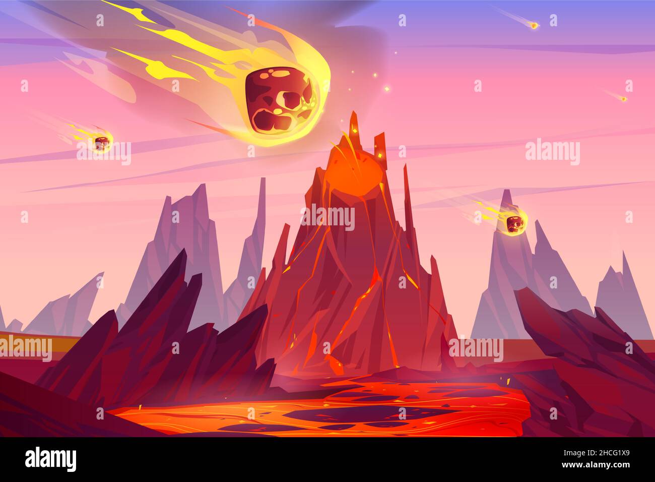 Meteor rain falling on Earth with erupting volcano, rocks and lava