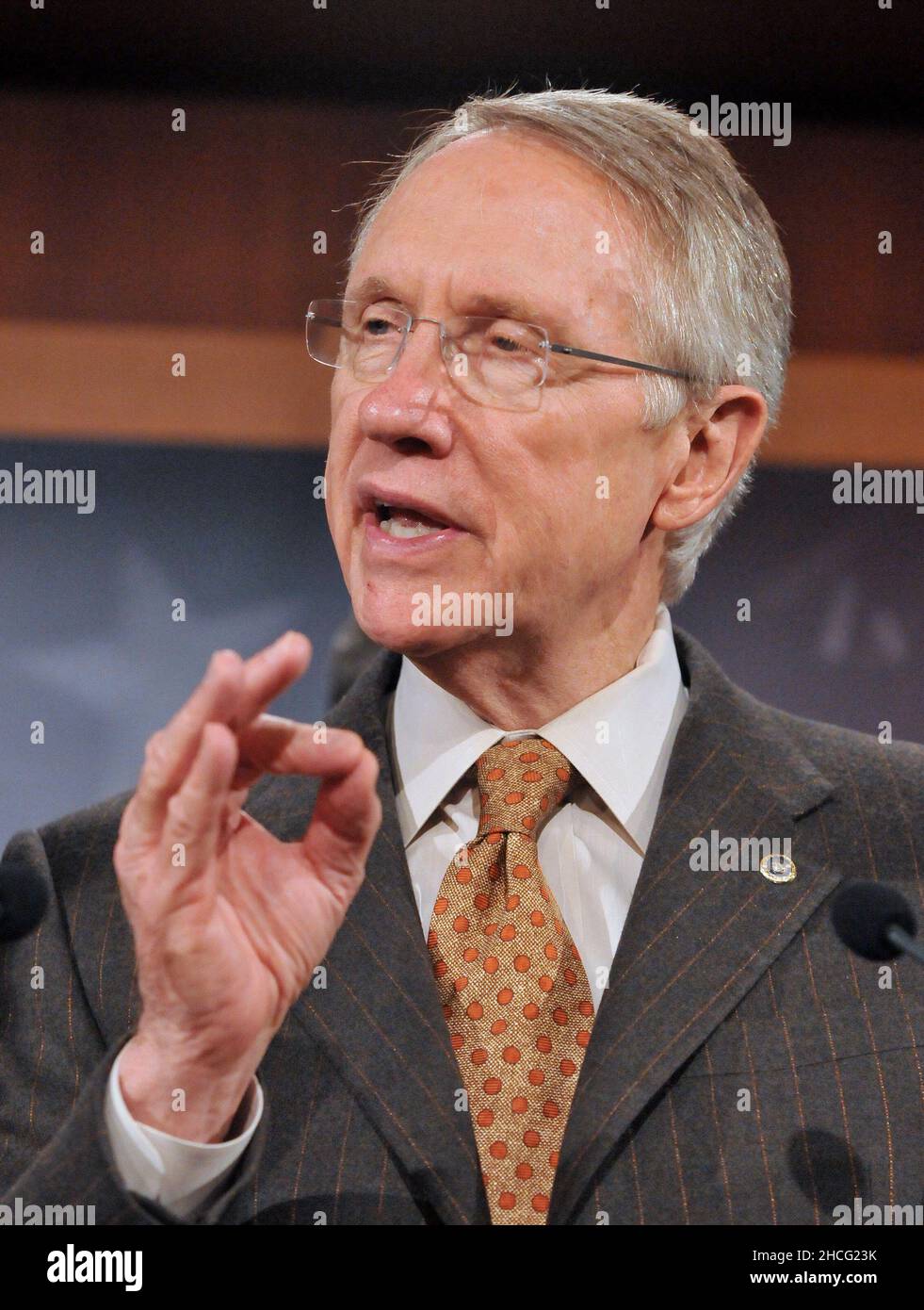 Washington, DC - November 20, 2008 -- United States Senate Majority Leader Harry Reid (Democrat of Nevada) makes remarks as he and other Democratic Leaders conduct a press conference in the United States Capitol on the fate of a proposed 25 billion dollar bail-out of the American Automotive Industry in Washington, DC on Thursday, November 20, 2008. The leaders demanded the Big Three automakers, General Motors, Ford, and Chrysler, develop a plan assuring the money would make them economically viable before approving federal aid.Credit: Ron Sachs/CNP/MediaPunch Stock Photo