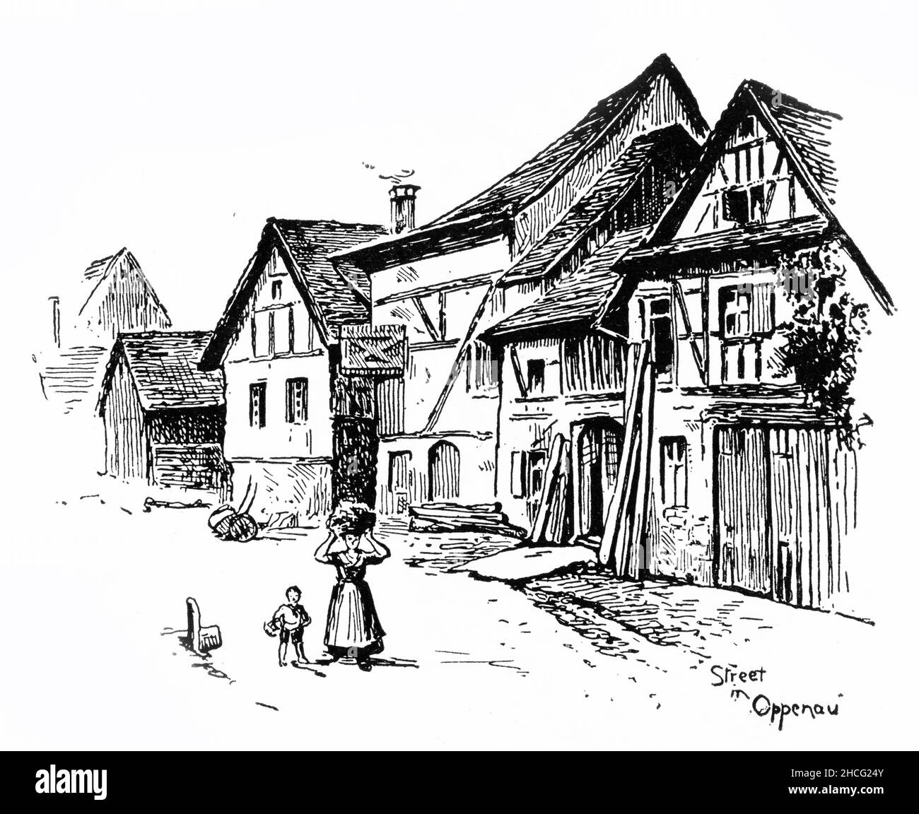 Engraving of a street in Oppenau, published circa 1910 Stock Photo