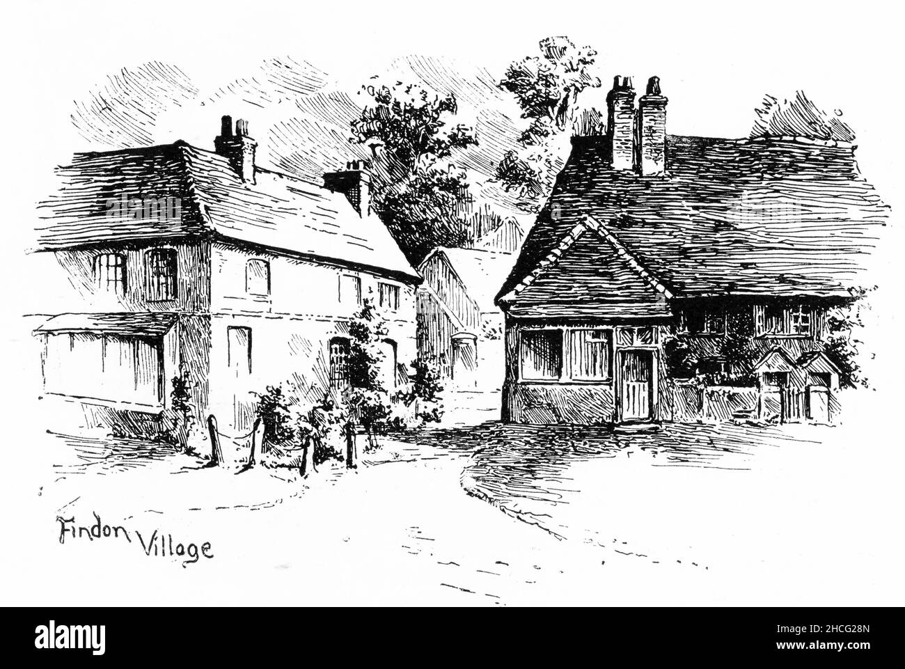 Engraving of a traditional village in England. published circa 1910 Stock Photo