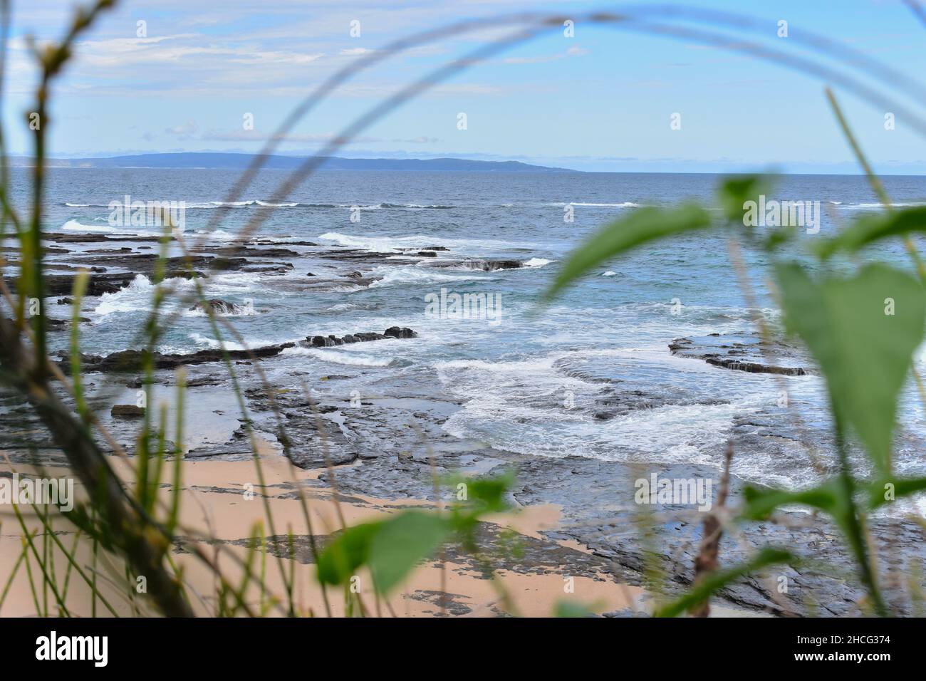 a view of a beach in Jervis Bay, NSW, Australia with surrounding beachfront houses and flora