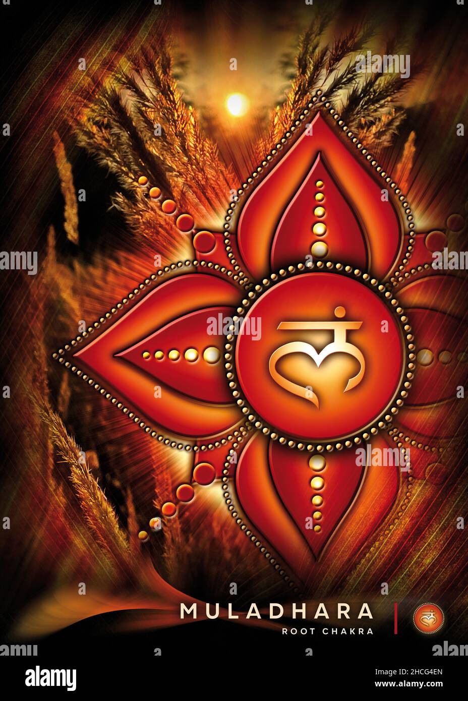 Poster, Wallpaper with root chakra symbol (Muladhara). Artwork with mystical nature elements and landscapes. Stock Photo