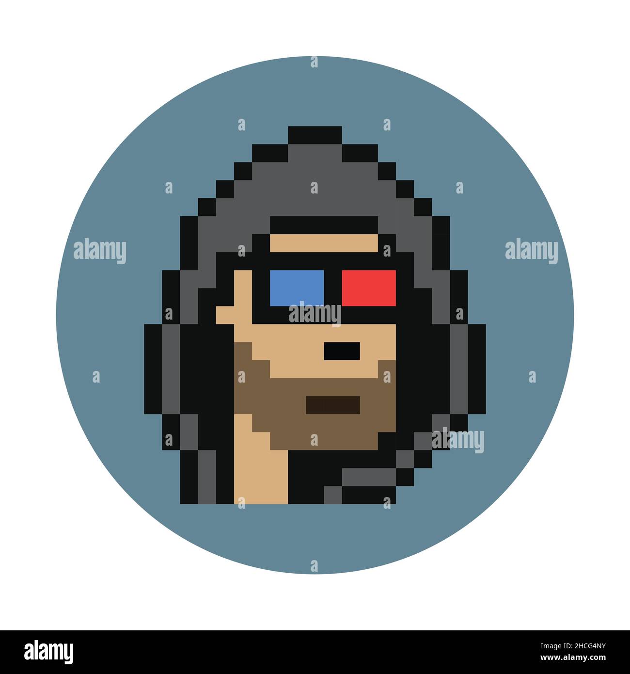 Cryptopunk shady man wearing hoodies and 3d glasses pixel art NFT. Non-Fungible token. Retro 8-bit game assets. Flat vector illustration isolated on w Stock Vector