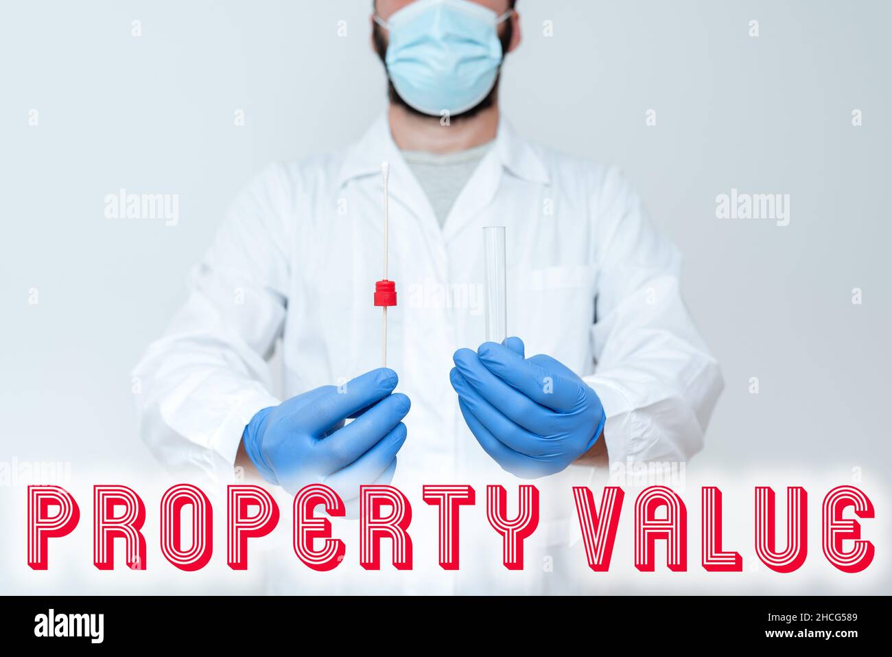 Text sign showing Property Value. Word Written on Worth of a land Real estate appraisal Fair market price Doctor Explaining Laboratory Test Result Stock Photo