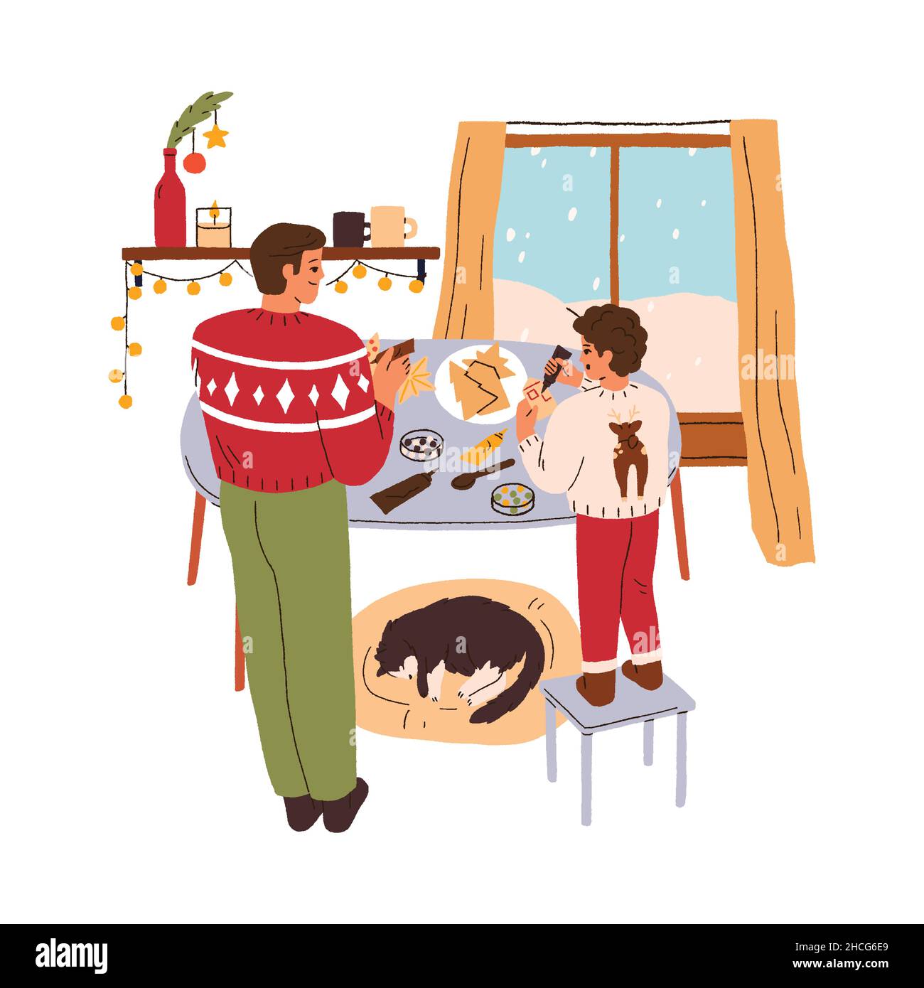 Father and son together making Christmas cake while pet sleeps under the table. Christmas spirit, red and green holiday celebration. Flat vector illus Stock Vector