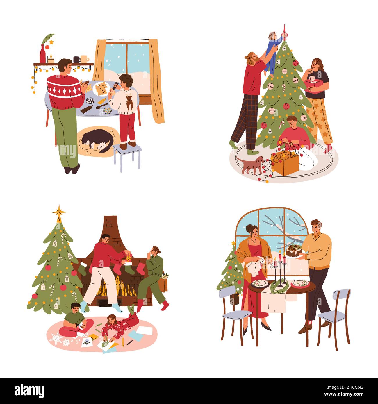 Set of Christmas at home illustration. Father, mother, children, family, and couple celebrating holiday together. Christmas decoration, tree, socks, a Stock Vector