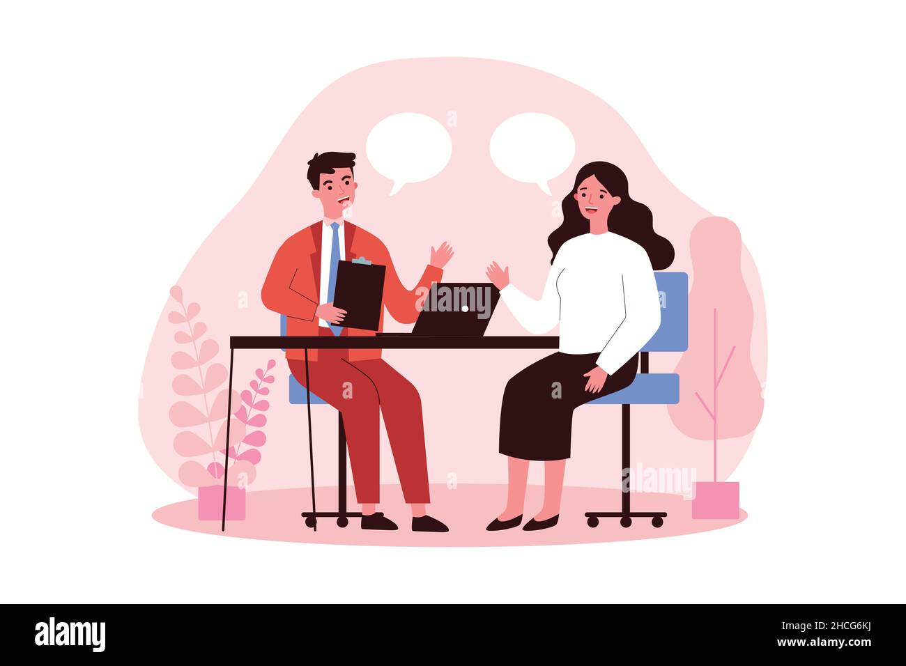 Two people talking to each other discussing about job and work. Office employee interview recruitment process. Flat vector red illustration Stock Vector