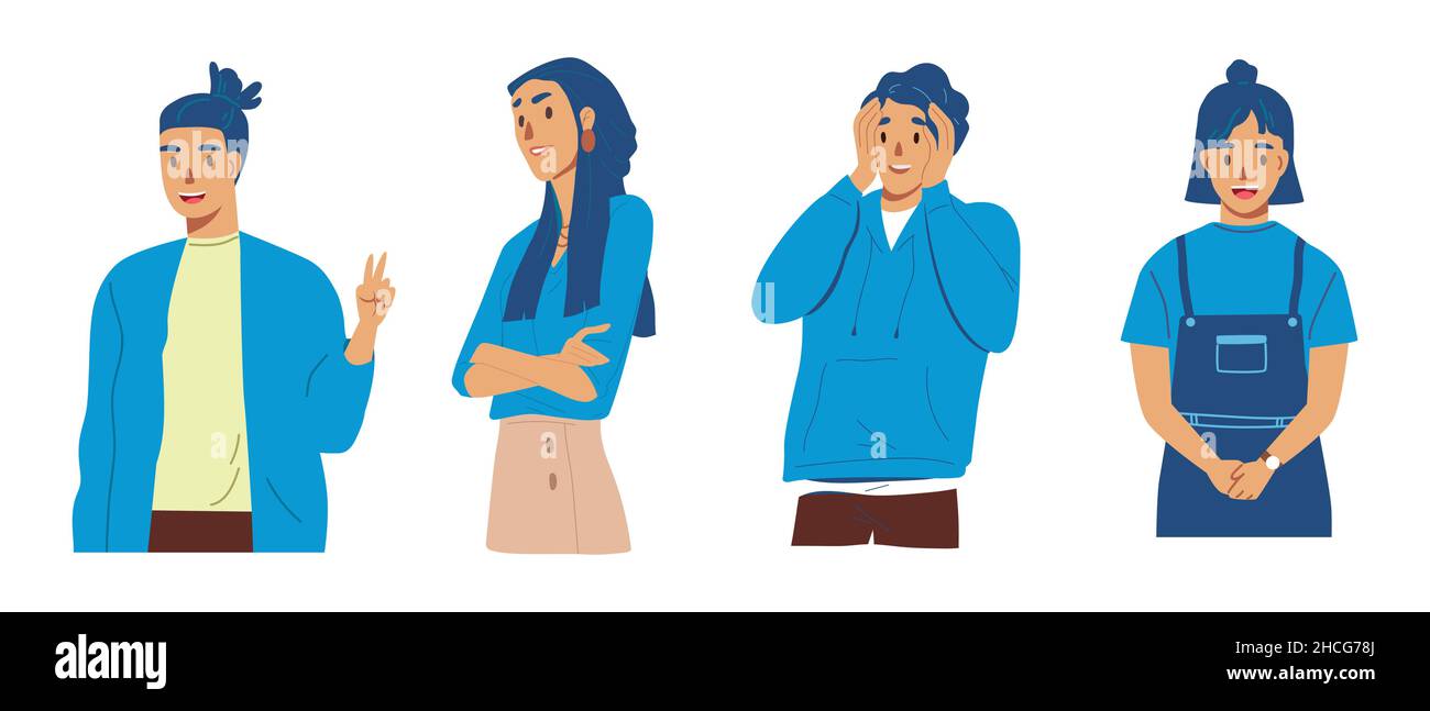 Group of young teenage character male and female wearing blue clothing in different pose. Diversity and unity in people. Collection set of flat vector Stock Vector