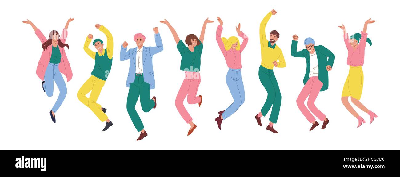 Group of people man and woman jumping happy with joy on bright colorful clothing. Excited teenager character set posing and raising hands vector art Stock Vector