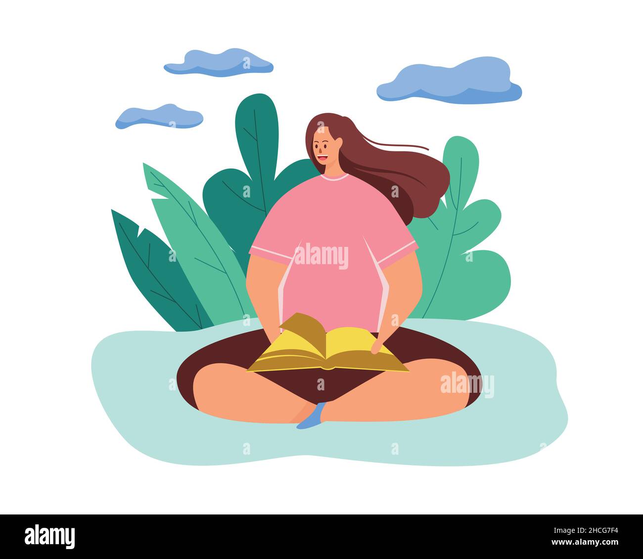 Young girl character in pink clothing sitting and reading book outdoor in the park surrounded by nature. Flat vector illustration i Stock Vector