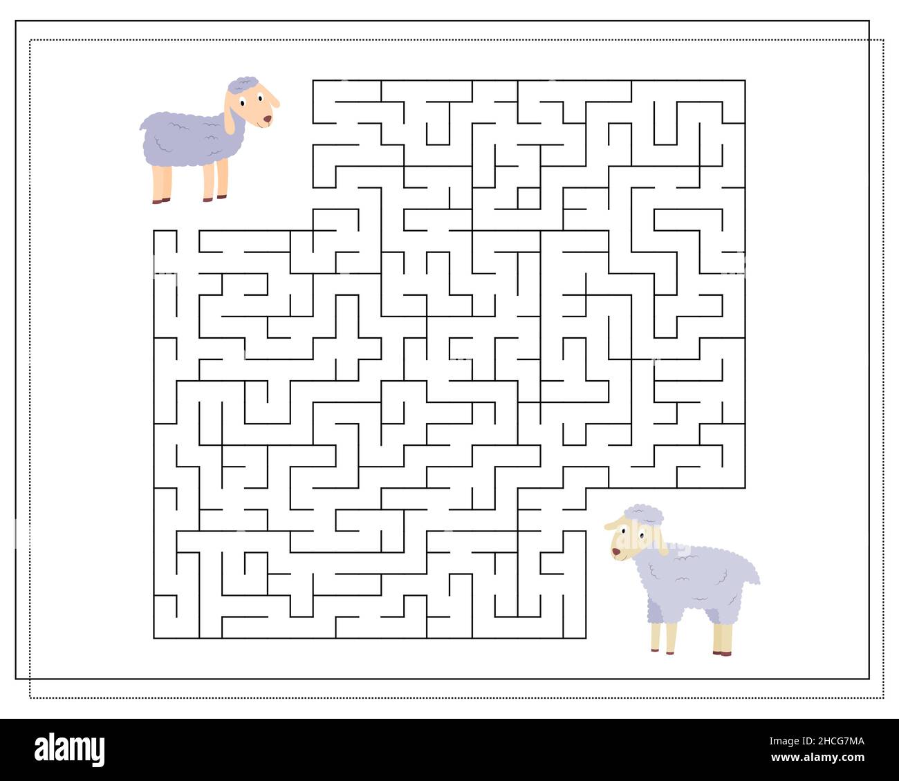 A puzzle game for children go through the maze. Help me walk through the maze to my mom. Farm animals are sheep and lamb Stock Vector