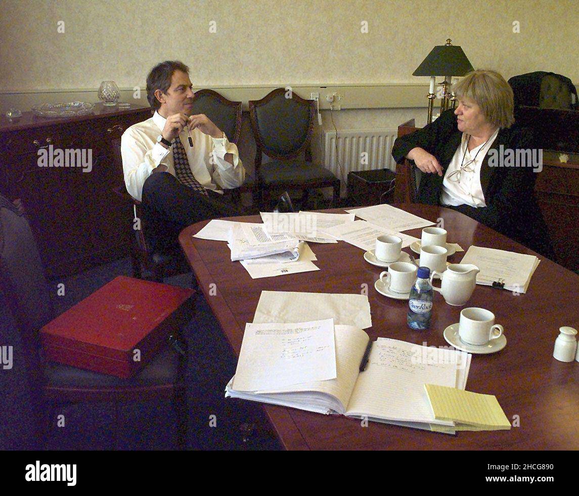 File photo dated 09/04/98 of the then Prime Minister Tony Blair and Northern Ireland Secretary Mo Mowlam talking in Castle Buildings, Stormont. Bertie Ahern overstated a disparity in a sectarian murder count as he and Tony Blair discussed claims police in Northern Ireland were showing double standards when investigating killings, according to newly released documents from the National Archives. Issue date: Wednesday December 29, 2021. Stock Photo