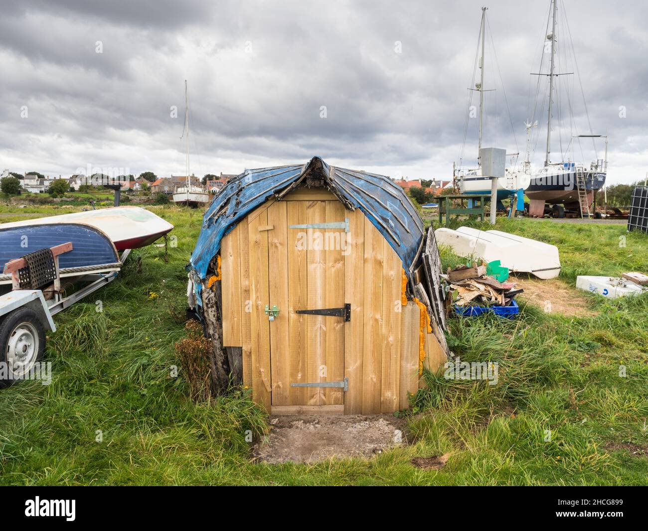 Fishermens huts and equipment, Lindisfarne. Stock Photo