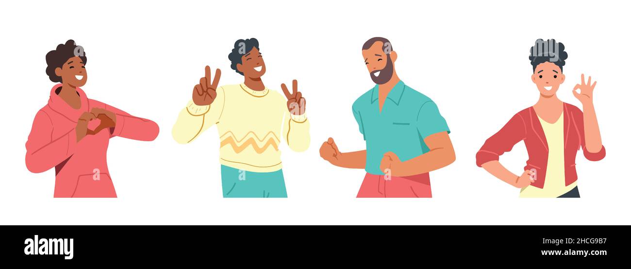 Happiness Emotions, Body Language. People Showing Positive Gestures. Happy Male and Female Characters Show Thumb Up, Ok Symbol Stock Vector