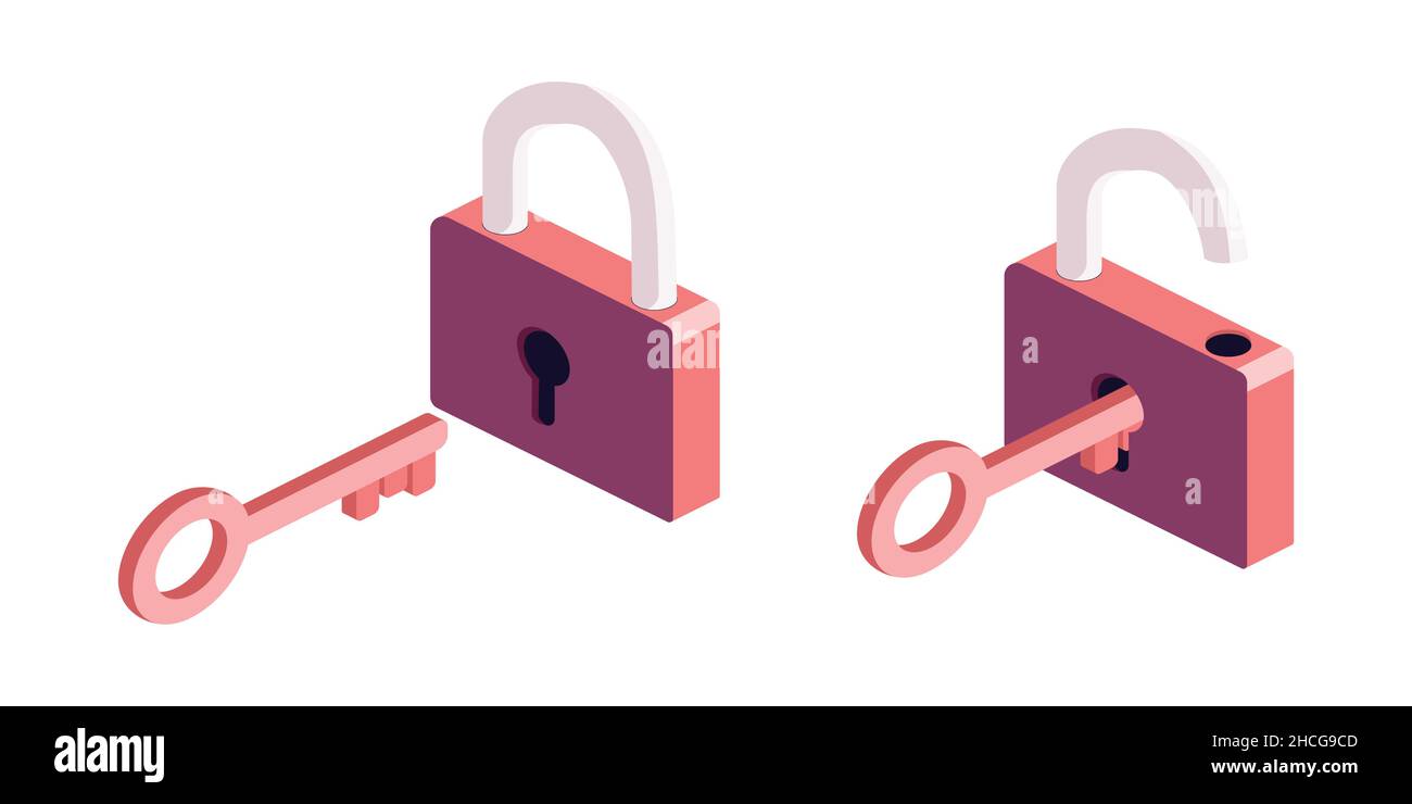 Key and lock illustration. Key unlocking a lock. Red colored. Flat vector illustration isolated on white background Stock Vector