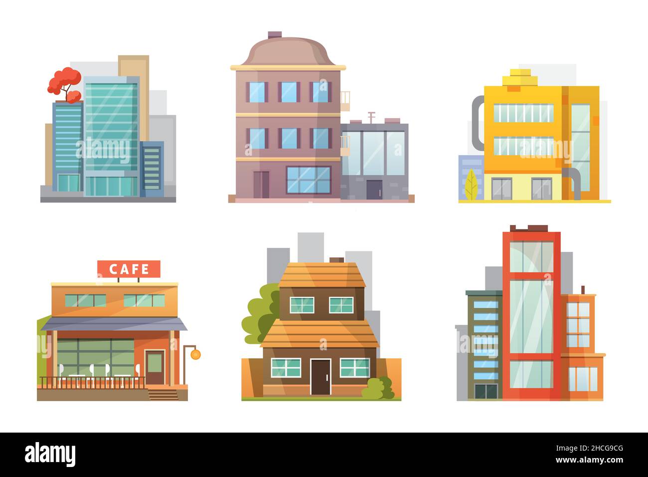 Set of city building and infrastructure. Home and public space environment. Colorful flat vector illustration isolated on white background Stock Vector