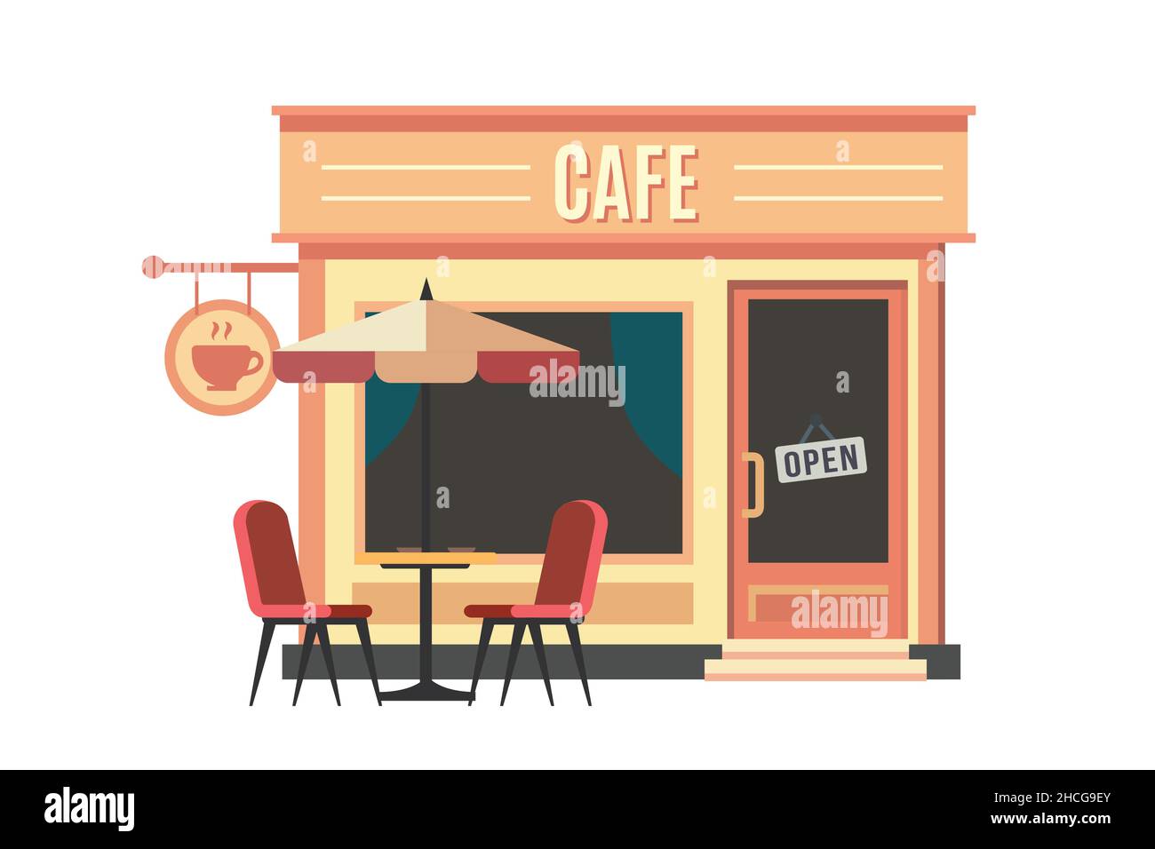 Cafe building with open sign and outdoor sitting with umbrella. Simple Architectural asset Stock Vector