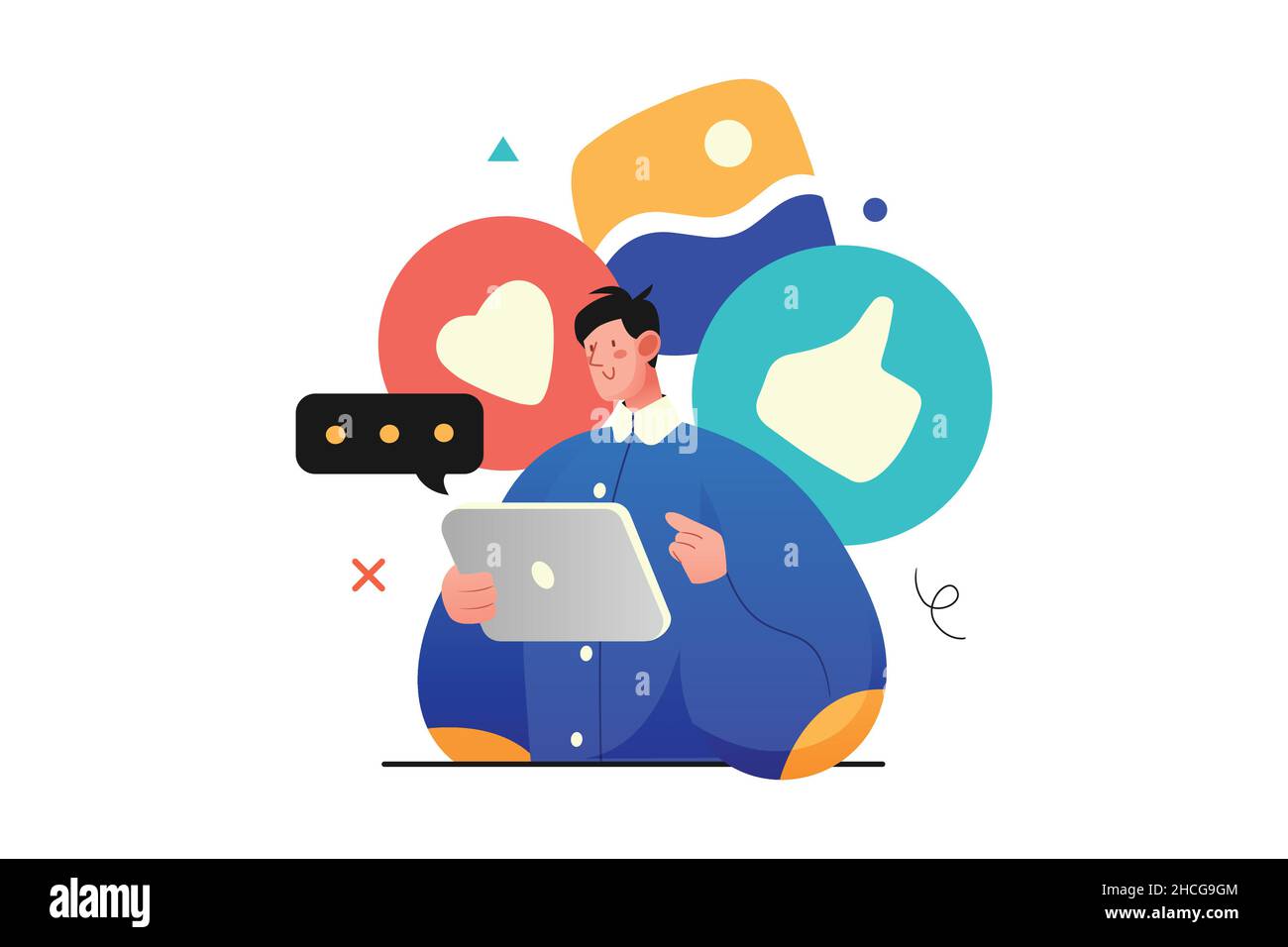 social media specialist working with tablet to configure best approach to business promotion on social media platform. Man worker in blue clothing Stock Vector