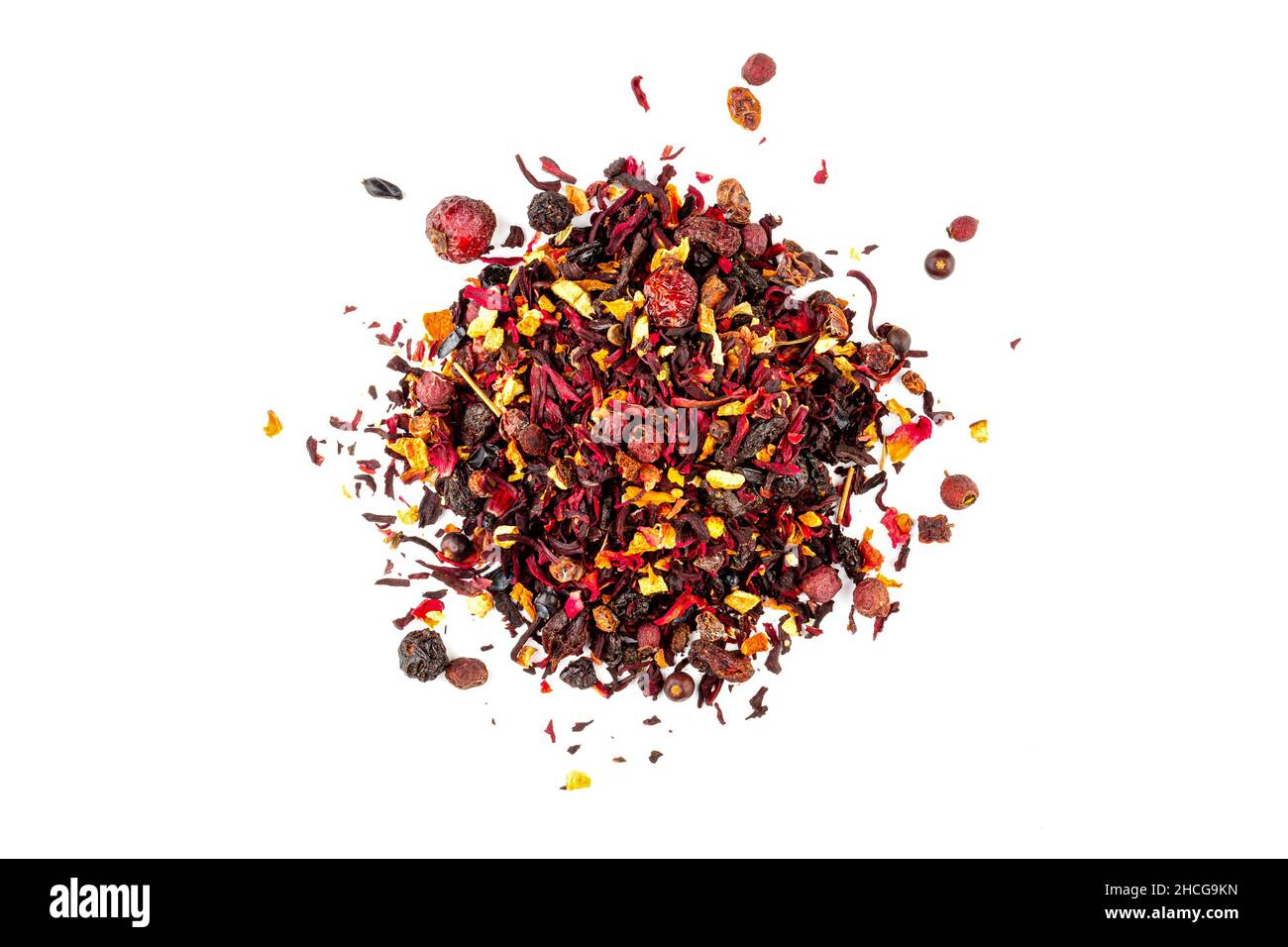 a bunch of dried flower berry tea isolated on a white background top