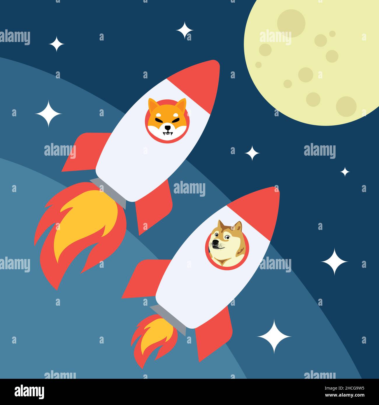Two dogs inside rocket going to the moon. Shiba and doge meme crypto