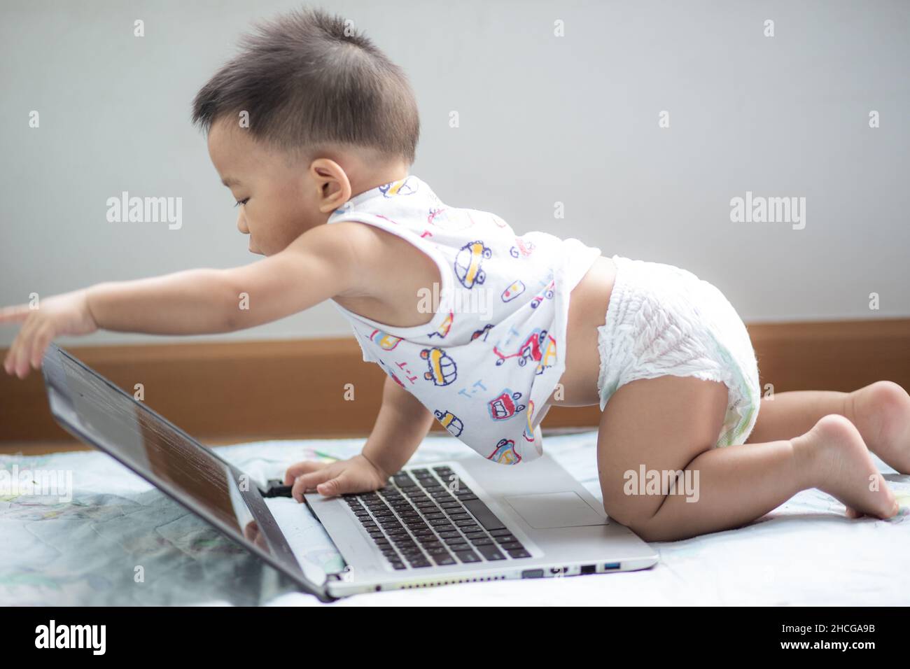 Cute asian baby boy playing laptop computer funny boy with computer ...