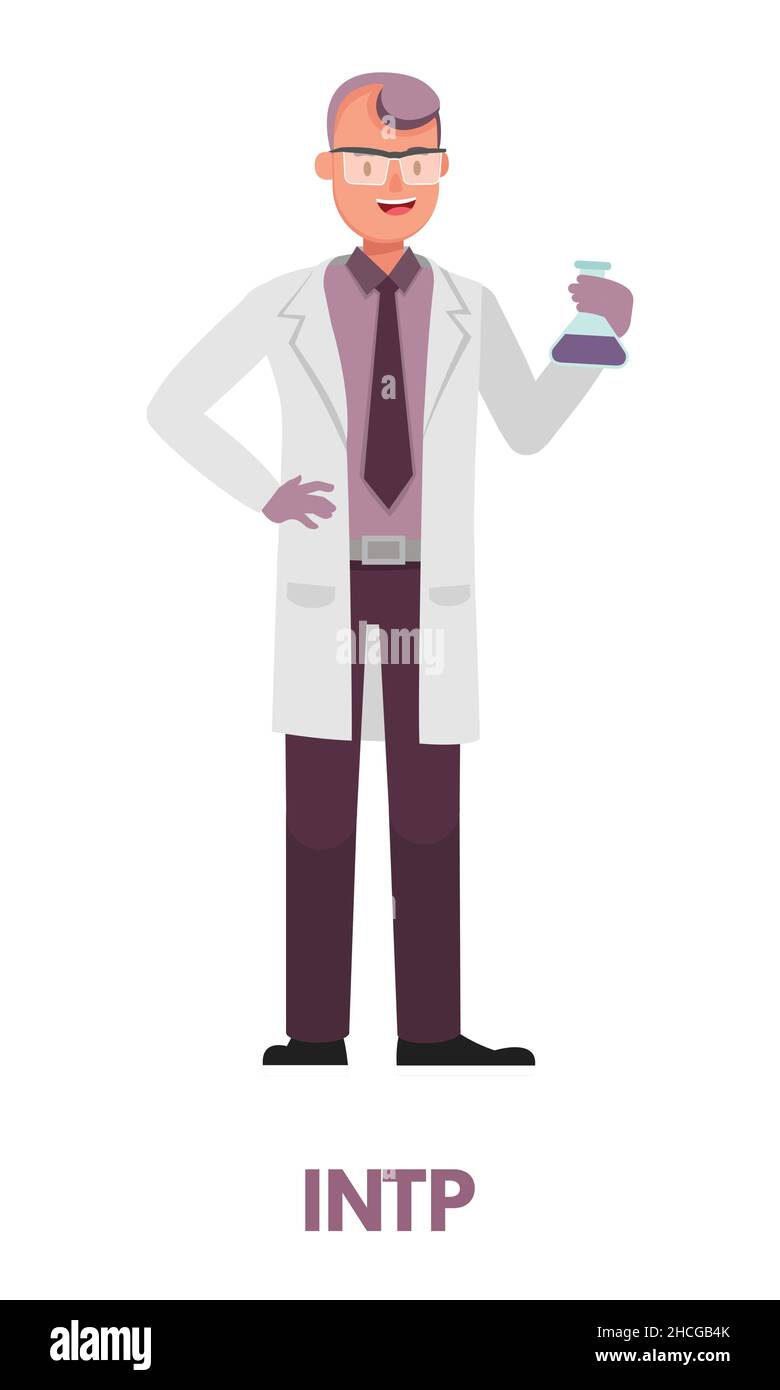 Scientist logician man in purple clothing represents INTP Analyst personality type from MBTI. Flat vector art isolated on white background Stock Vector