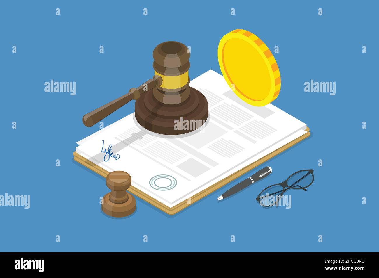 important paper and contract documents with blue legal stamp. Lawsuit agreement. Isolated flat