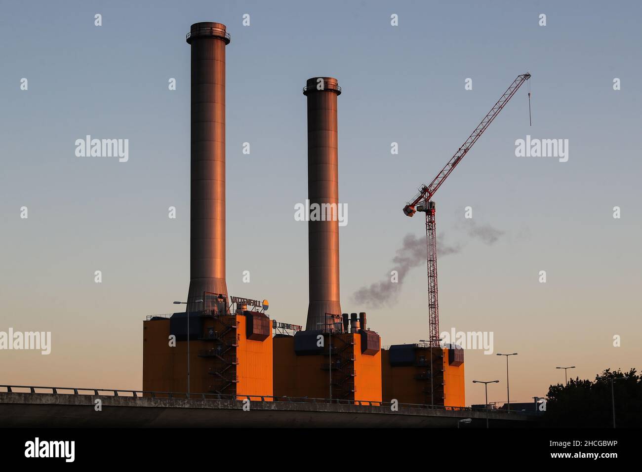 Brussels. 9th Oct, 2021. Photo taken on Oct. 9, 2021 shows stacks being torn down aiming to achieve carbon neutrality at the Berlin-Wilmersdorf power station in Berlin, capital of Germany. Credit: Shan Yuqi/Xinhua/Alamy Live News Stock Photo