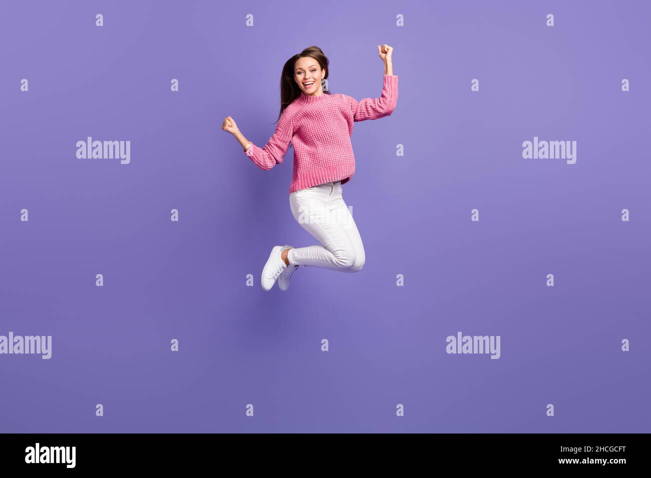 Full size photo of young beautiful crazy excited woman jumping in ...