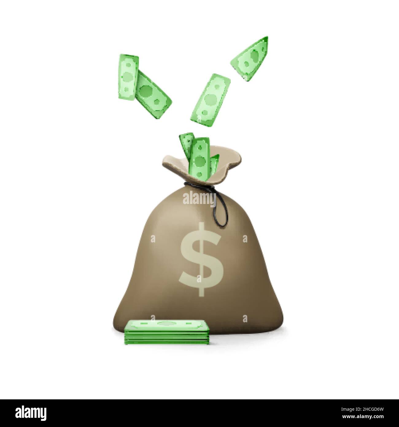 Money bag with falling paper currency in cartoon style. Financial services or cash back concept. Return on investment. Vector illustration Stock Vector