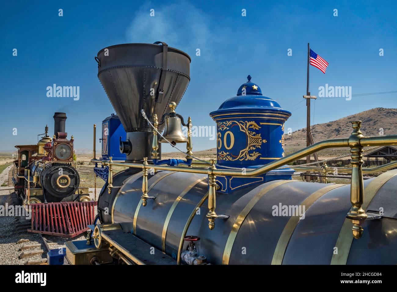 Steam dome, bell and smokestack on top of boiler, Jupiter steam engine locomotive replica at Last Spike Site at Promontory Summit, Golden Spike National Historical Park, Utah, USA Stock Photo