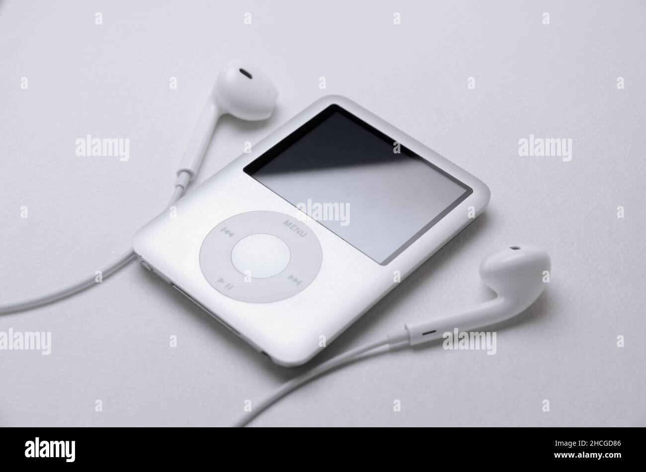 Close-up of Apple nano 3rd with EarPods on background, view from directly above Stock Photo Alamy