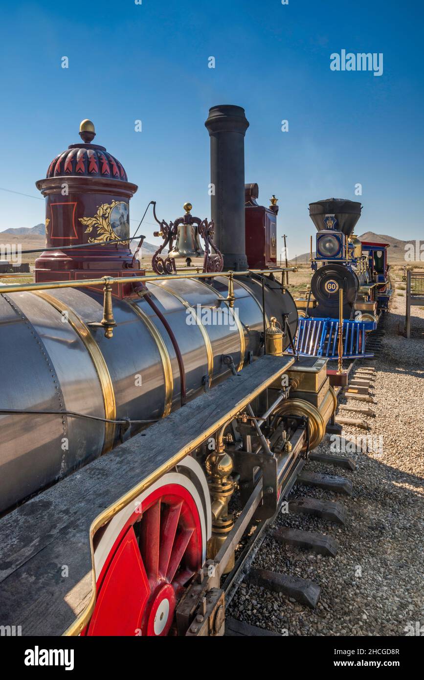 Steam dome, bell and smokestack on top of boiler, No 119 steam engine locomotive replica at Last Spike Site at Promontory Summit, Golden Spike National Historical Park, Utah, USA Stock Photo