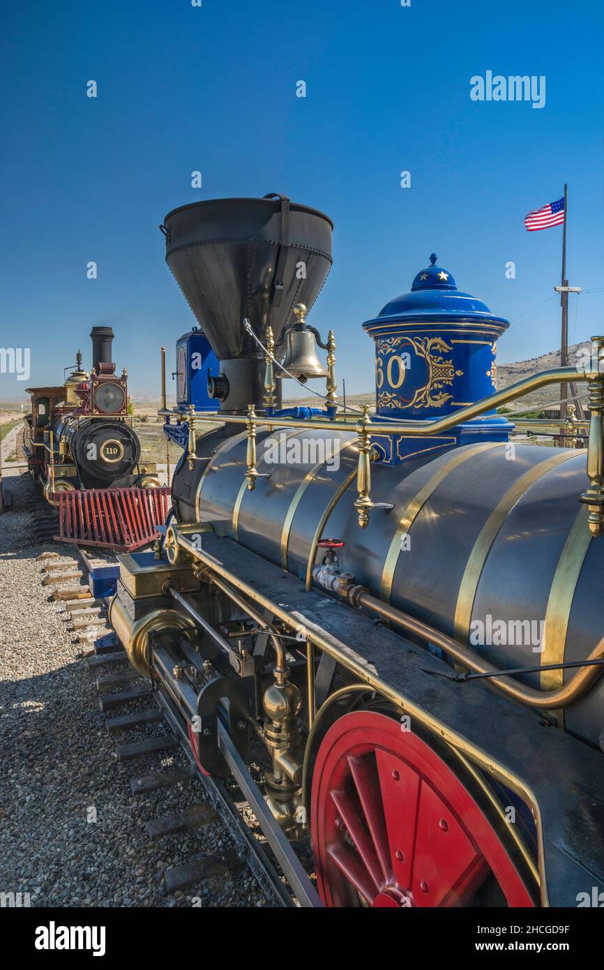 Steam dome, bell and smokestack on top of boiler, Jupiter steam engine locomotive replica at Last Spike Site at Promontory Summit, Golden Spike National Historical Park, Utah, USA Stock Photo