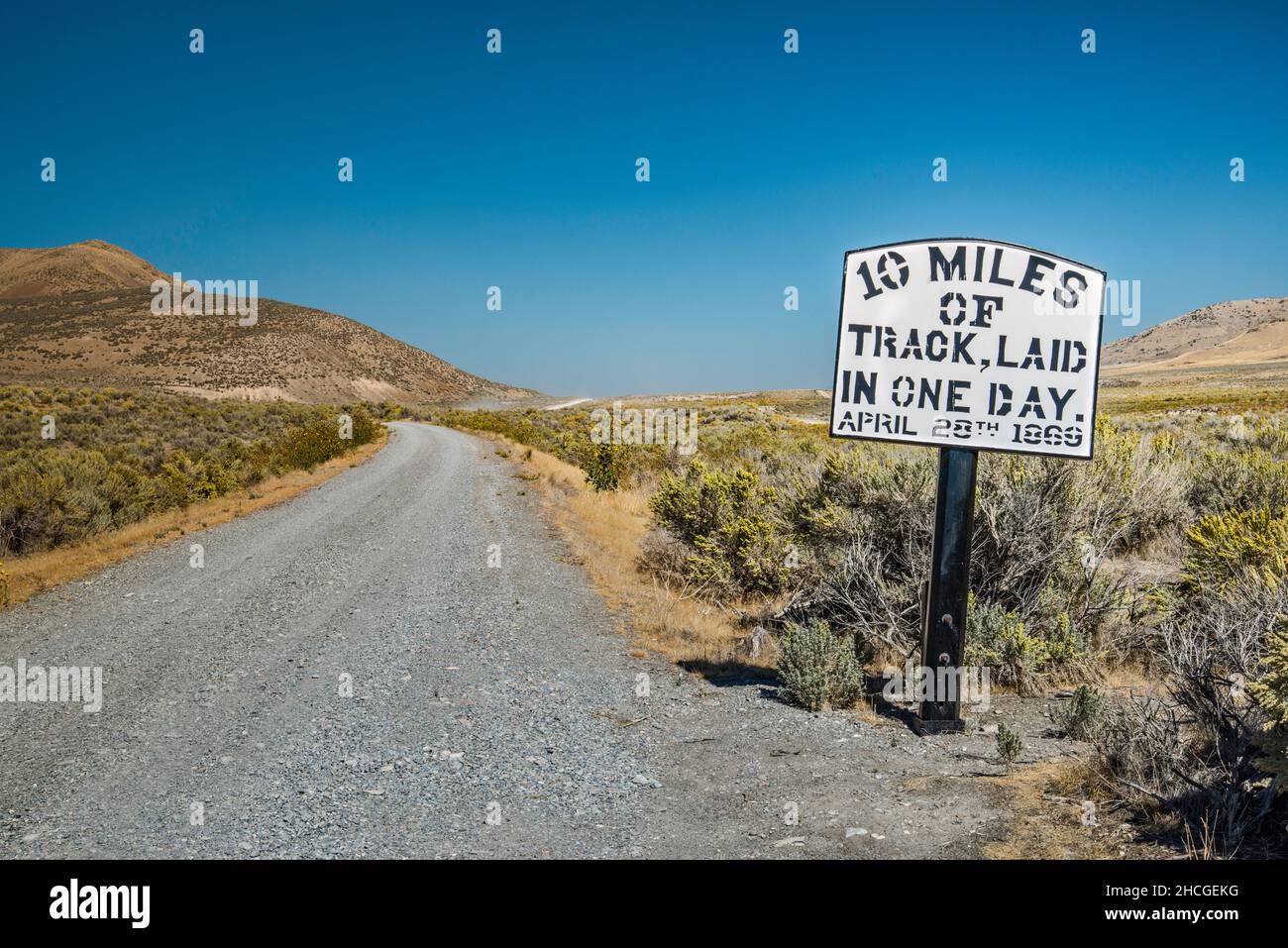 10 Miles of Track sign at Transcontinental Railroad Byway, Central Pacific Railroad grade, Golden Spike National Historical Park, Utah, USA Stock Photo
