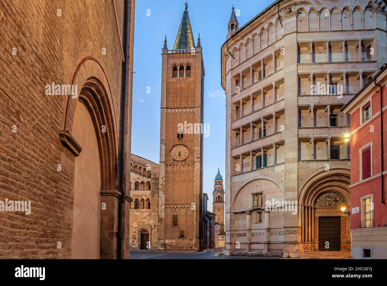 Historic architecture in the old town of Parma at dawn, Emilia-Romagna, Italy Stock Photo
