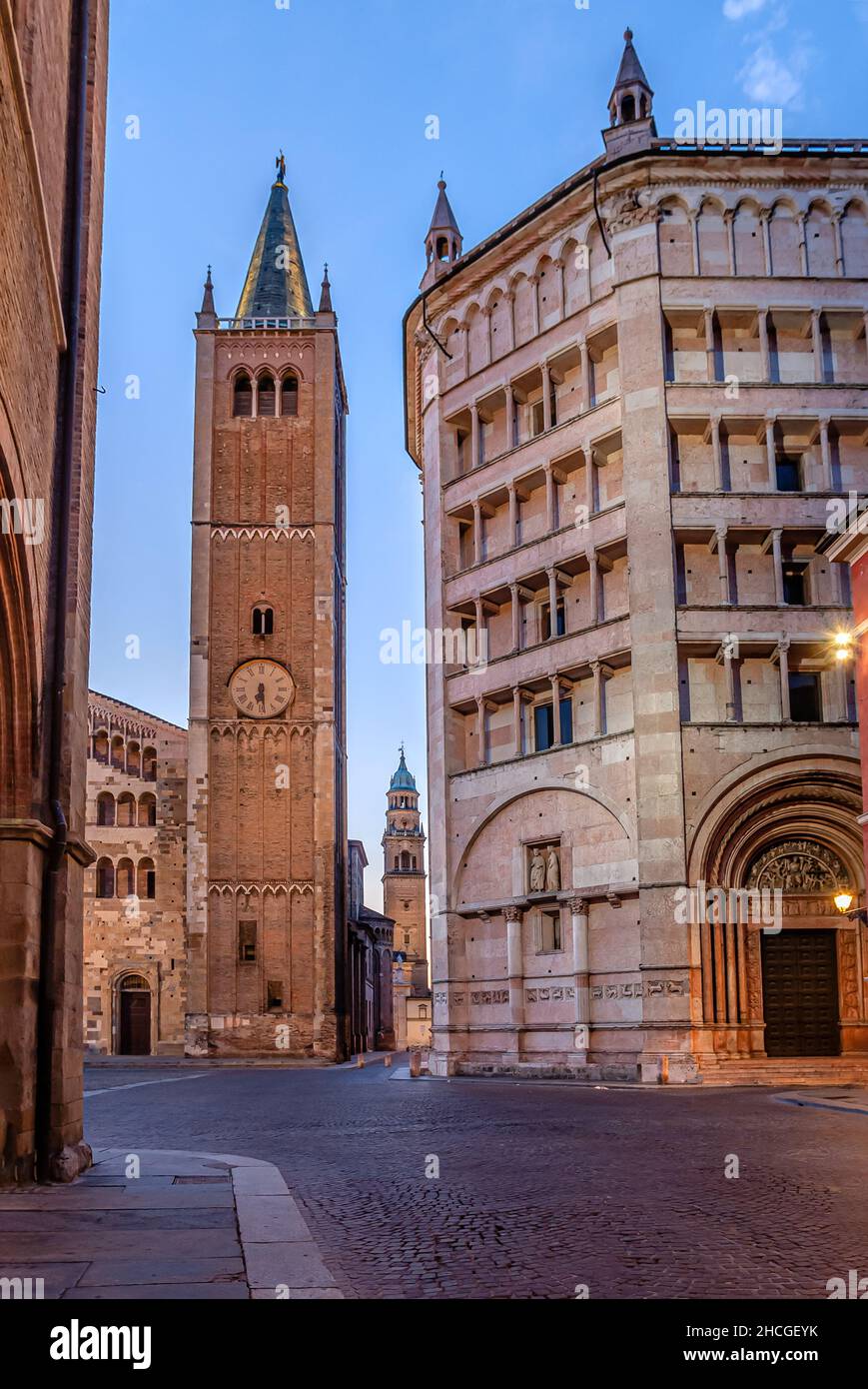 Historic architecture in the old town of Parma at dawn, Emilia-Romagna, Italy Stock Photo