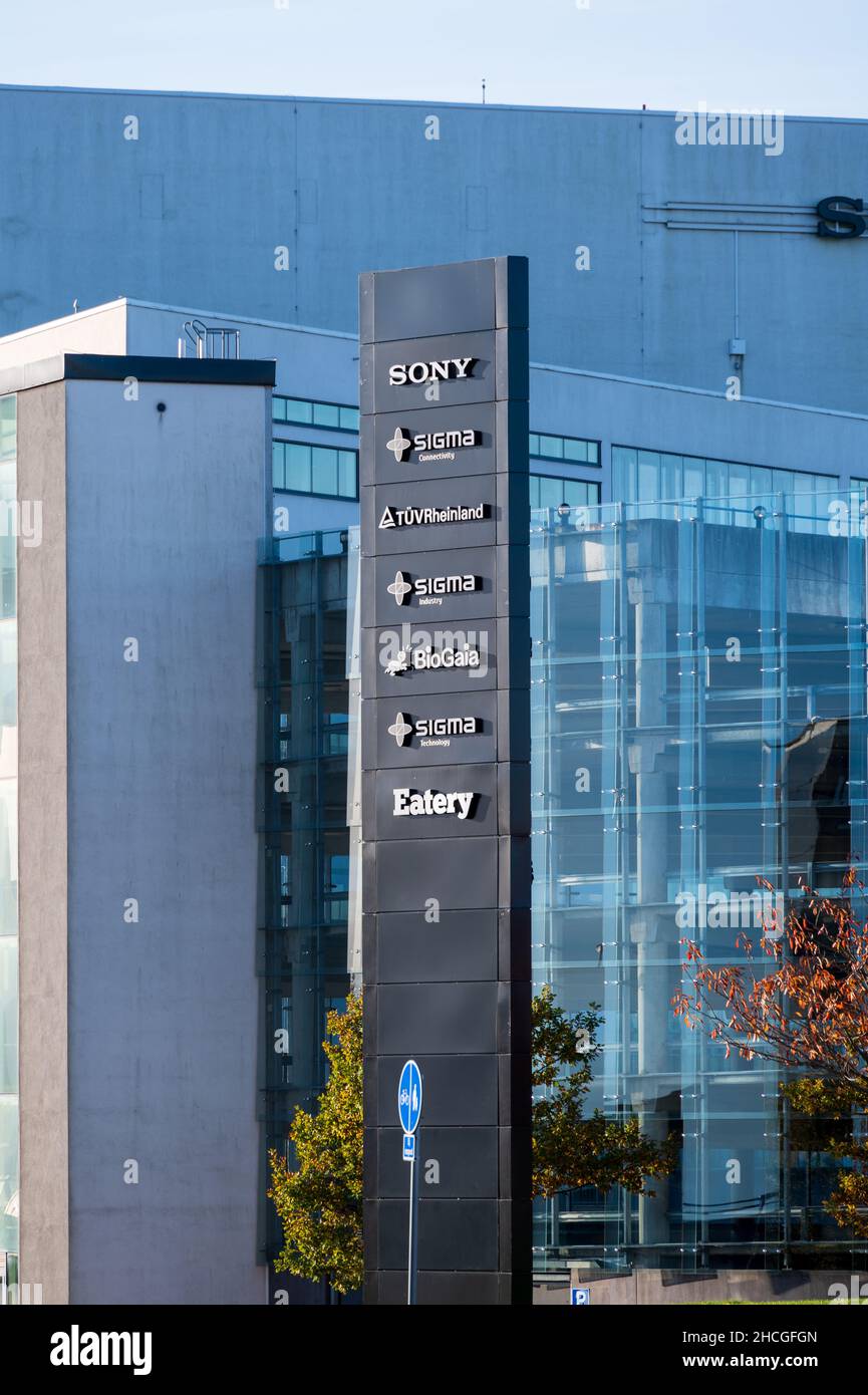 Lund, Sweden - October 23 2021: A sign of the companies housed in Ideon Science Park (Sony, Sigma, Tüv Rheinland) Stock Photo