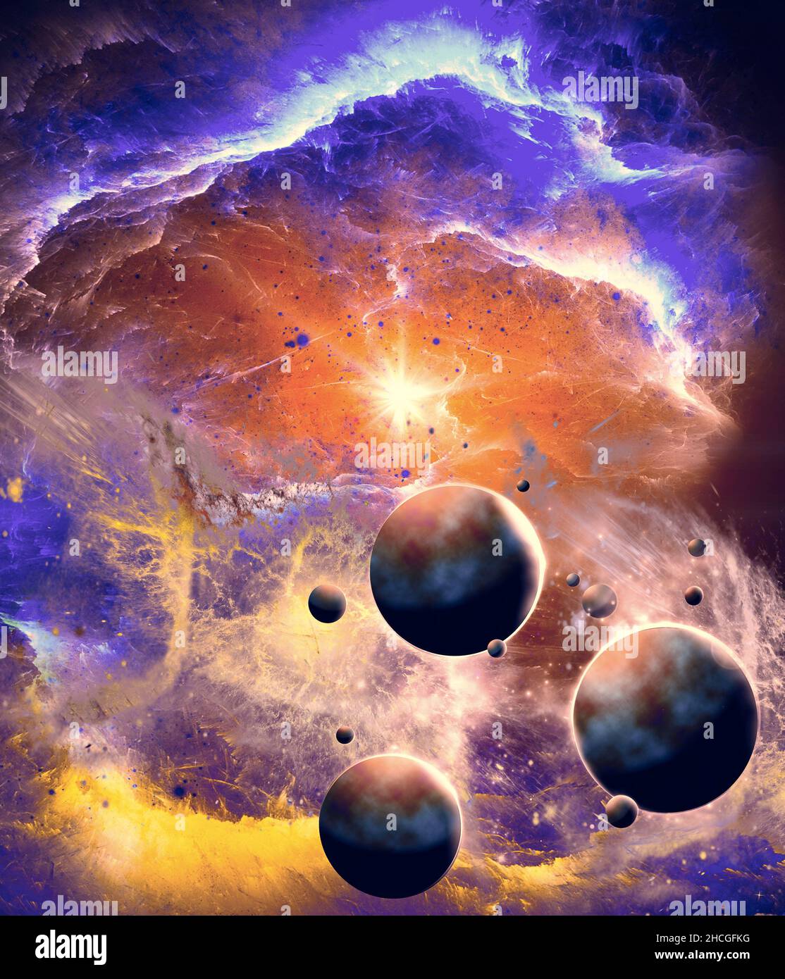 Planets and exoplanets of unexplored galaxies. Sci-Fi. New worlds to discover. Colonization and exploration of nebulae and galaxies Stock Photo
