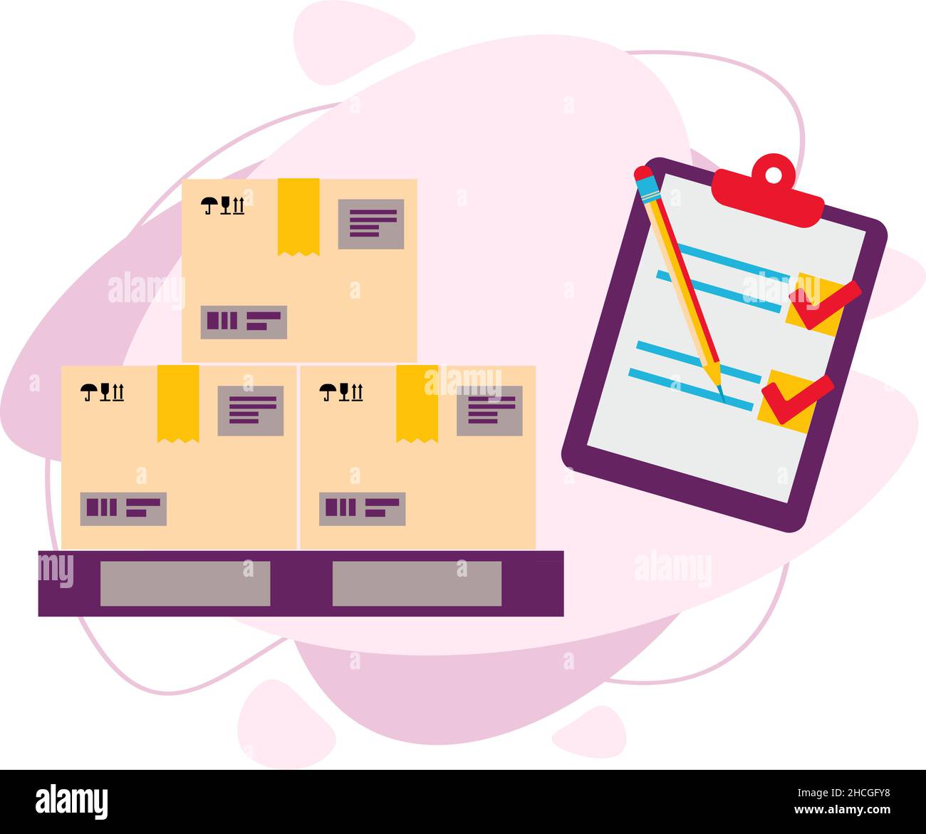 Packing box with checklist and pencil. Vector flat illustration. Stock Vector