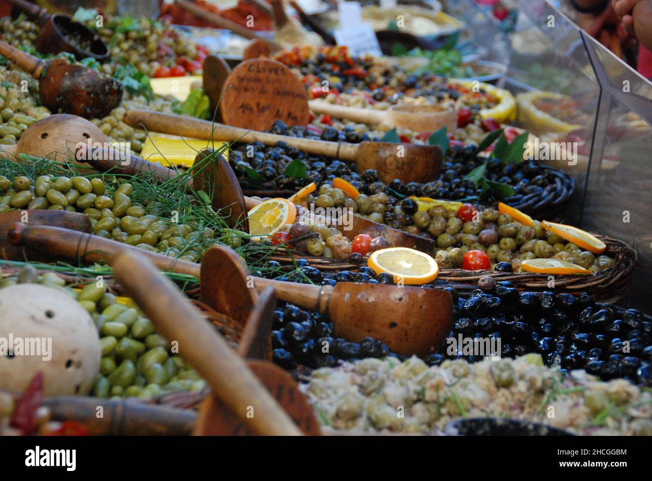 Various types of olives in a market in France Stock Photo Alamy