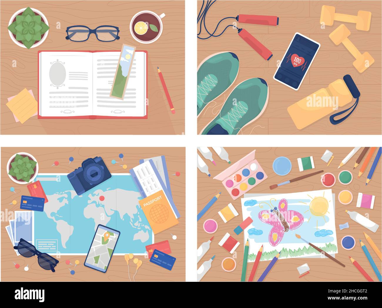 Daily activities flat color vector illustration set Stock Vector Image ...