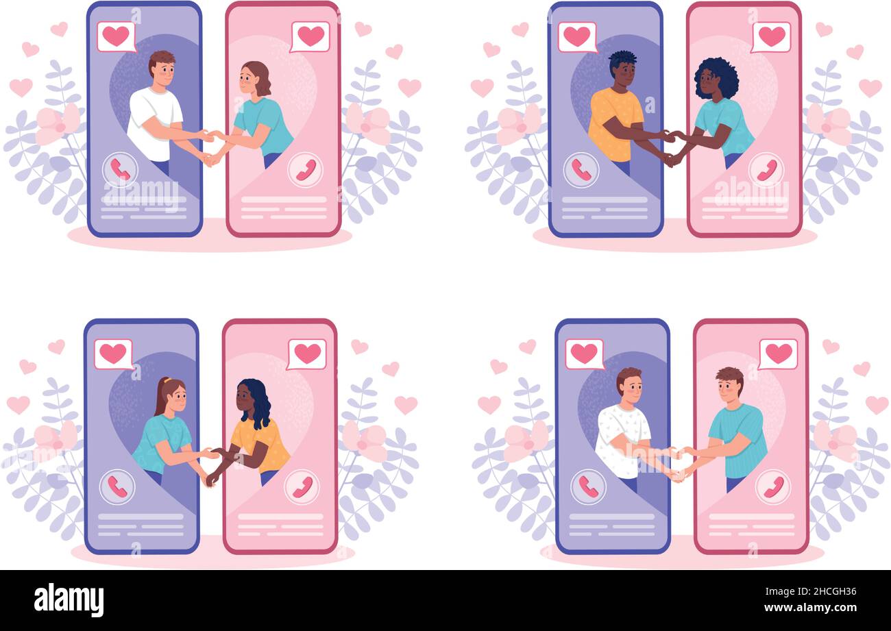 Finding ideal partner through dating app flat concept vector illustrations set Stock Vector