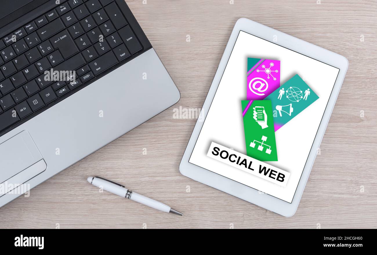Social web concept shown on a digital tablet Stock Photo