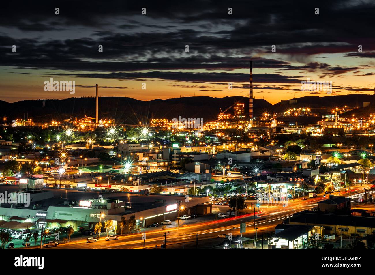 Colourful lights at night in Mount Isa. Stock Photo