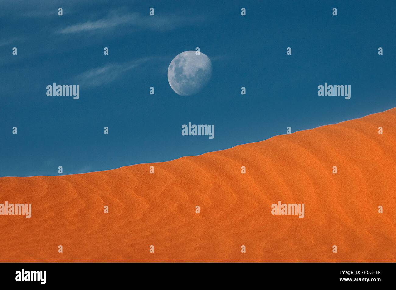 Moon over the red ridge of a Simpson Desert sand dune. Stock Photo