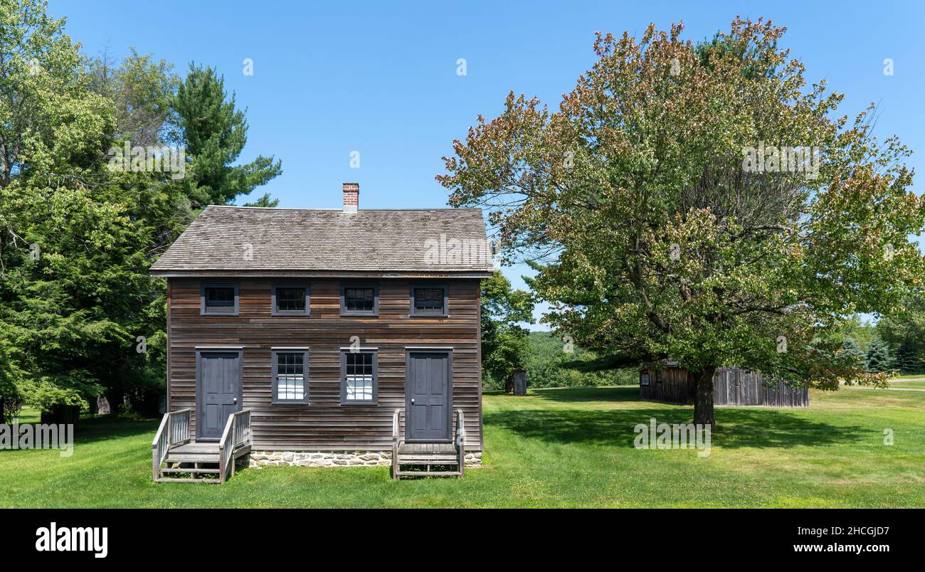 An old wooden house with wooden shingles in the Eckley Miners Village. Stock Photo