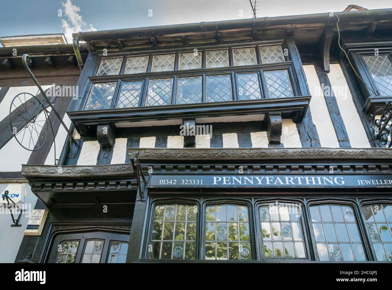 Tudor timber framed shop building facade in the town of East Grinstead