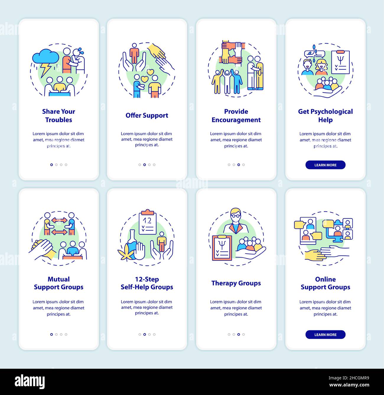Mental health support onboarding mobile app screen set Stock Vector ...