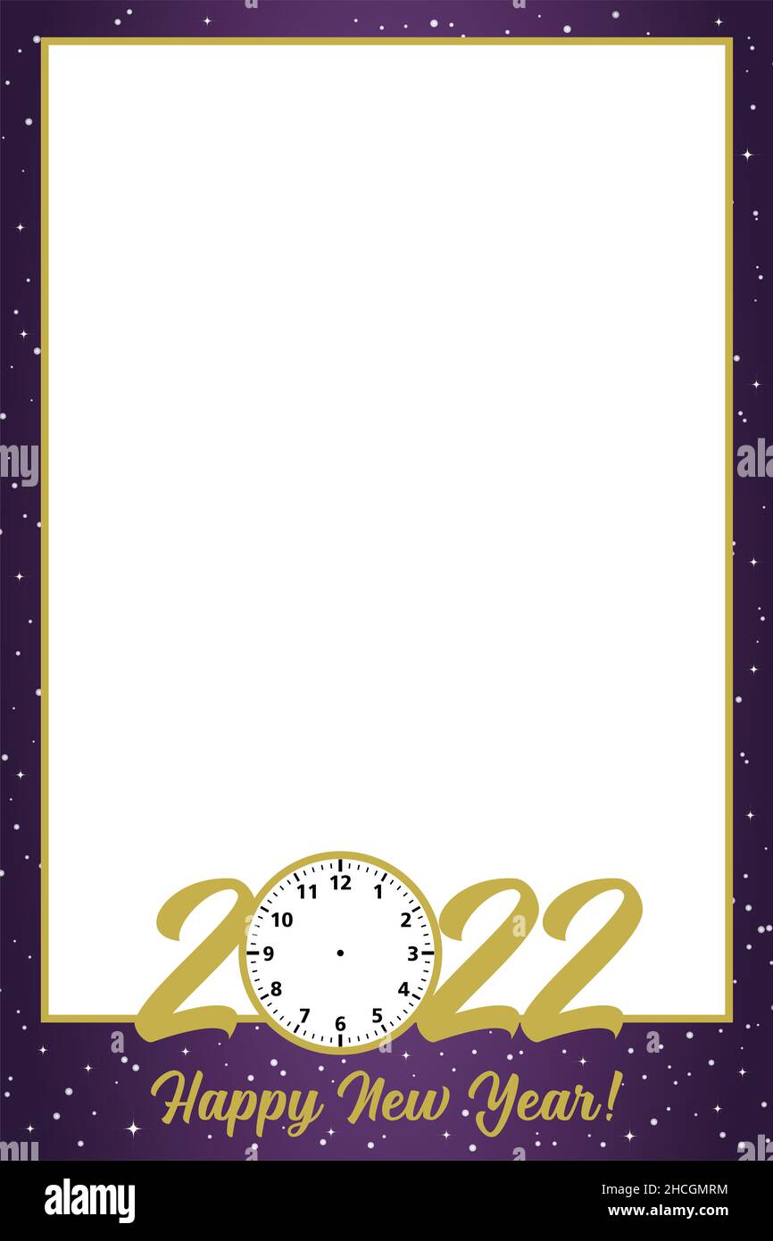 Happy New Year 2022 photo frame with gold and purple colors. Selfie frame. Party banner background. Empty cut out space in the middle. Stock Photo